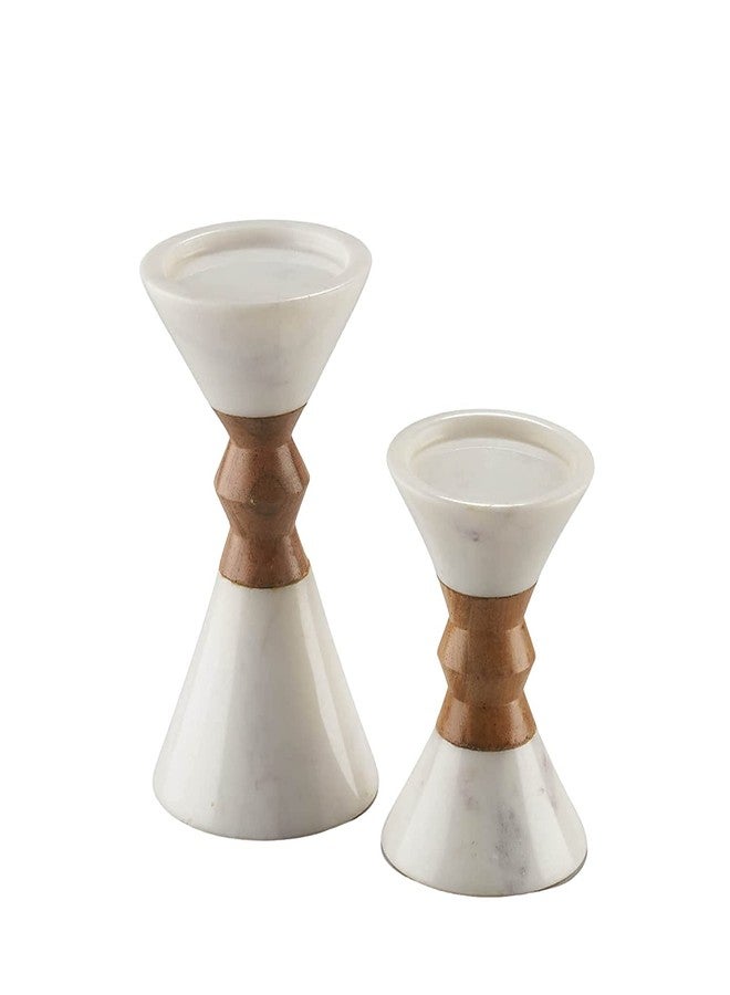 Stone Essential Myra Marble and Wood Candle Holder Stand Pillar Shape for Home Table Decor, Gift and Diwali Decoration (Large) - Image 2